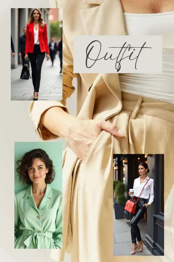 Idee outfit donna, con look da ufficio in blazer rosso, abbinamento casual chic e outfit elegante con pantaloni in pelle.