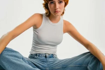 Ragazza indossa un modello di jeans bootcut, canotta bianca e sneakers.