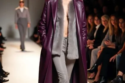 Modella sfila con lungo cappotto rosso borgogna in pelle e pantaloni grigi, colori di tendenza moda autunno inverno 2025, 2026