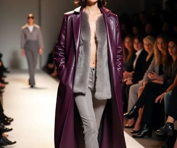 Modella sfila con lungo cappotto rosso borgogna in pelle e pantaloni grigi, colori di tendenza moda autunno inverno 2025, 2026