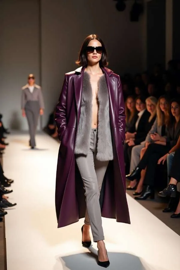 Modella sfila con lungo cappotto rosso borgogna in pelle e pantaloni grigi, colori di tendenza moda autunno inverno 2025, 2026