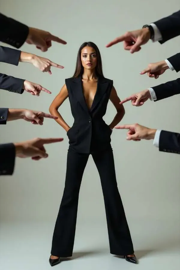 donna in completo nero elegante è indicata da mani puntate, ma resta ferma e sicura di sé. Rappresenta la libertà di espressione nella moda e la sfida ai pregiudizi.