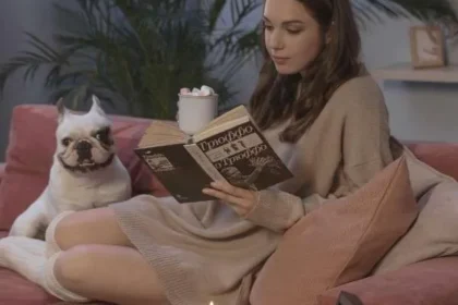 Una donna nella solitudine della sua casa si rilassa leggendo un libro sul divano con cuscini, cane e candele accese