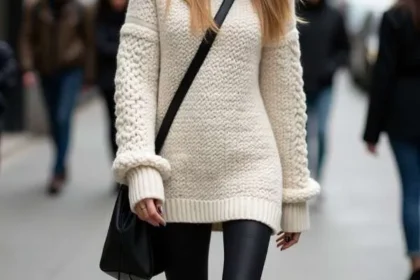 Ragazza indossa maxi maglione bianco, leggings neri e stivali neri mentre cammina in una strada urbana.