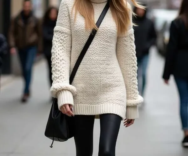 Ragazza indossa maxi maglione bianco, leggings neri e stivali neri mentre cammina in una strada urbana.