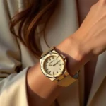 ​Audemars Piguet Royal Oak Frosted Gold in oro giallo 18 carati sul polso di una donna.
