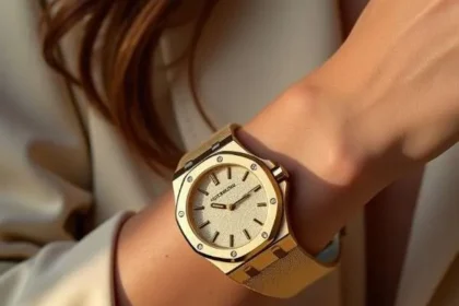 ​Audemars Piguet Royal Oak Frosted Gold in oro giallo 18 carati sul polso di una donna.