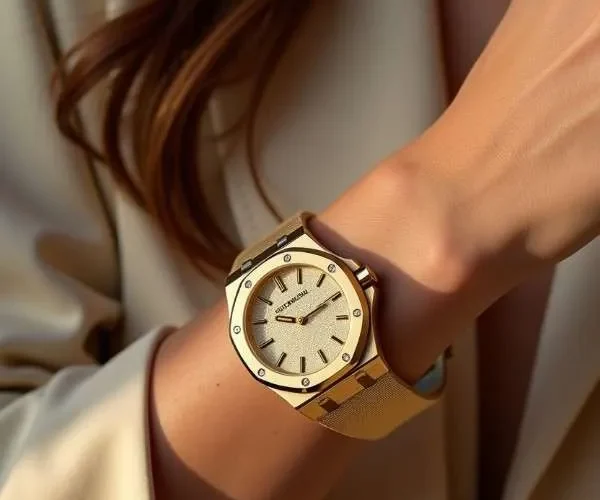 Audemars Piguet Royal Oak Frosted Gold in oro giallo 18 carati sul polso di una donna.