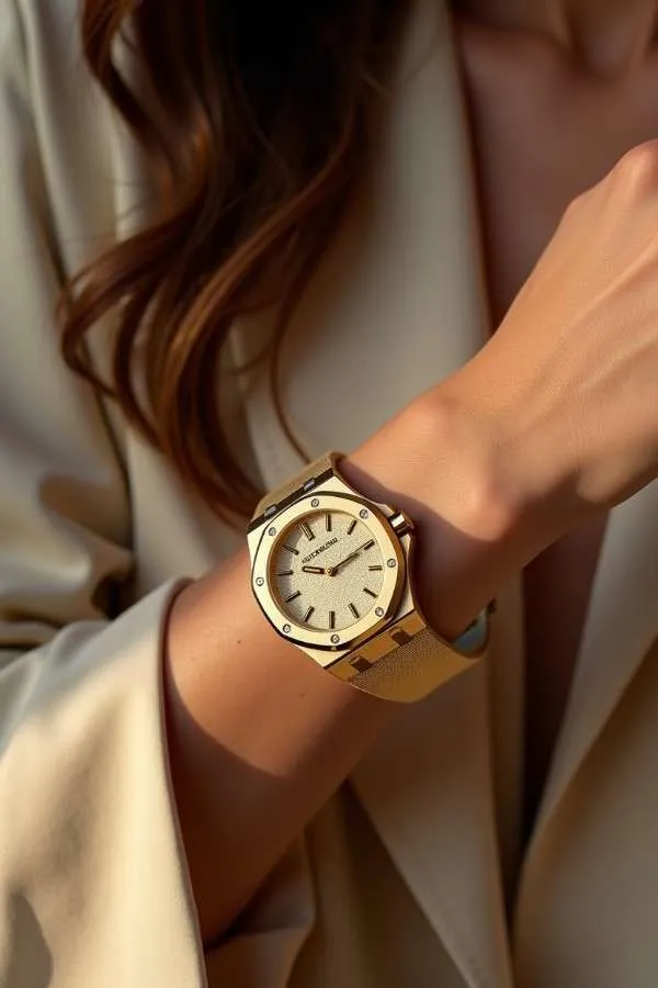 ​Audemars Piguet Royal Oak Frosted Gold in oro giallo 18 carati sul polso di una donna.