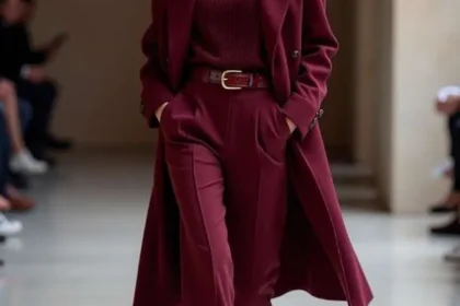 Modella con outfit monocromatico bordeaux