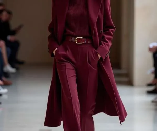 Modella con outfit monocromatico bordeaux