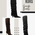 Moodboard stivali Michael Kors Inverno 2025: i modelli Jayla con frange, Dawn arricciato e Noemie cuissard in pelle scamosciata.