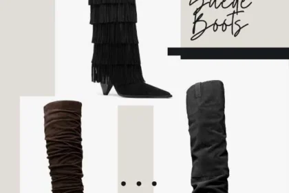 Moodboard stivali Michael Kors Inverno 2025: i modelli Jayla con frange, Dawn arricciato e Noemie cuissard in pelle scamosciata.