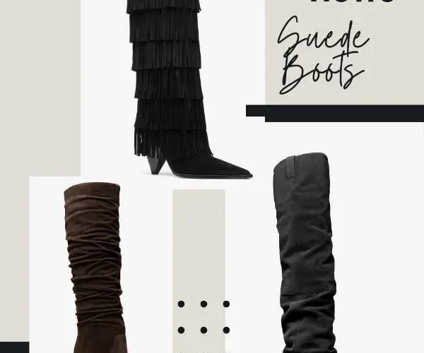 Moodboard stivali Michael Kors Inverno 2025: i modelli Jayla con frange, Dawn arricciato e Noemie cuissard in pelle scamosciata.
