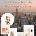 Profumi donna Michael Kors (Sexy Amber, Wonderlust, Gorgeous! e Absolu in una moodboard con sfondo panoramico di New York al tramonto