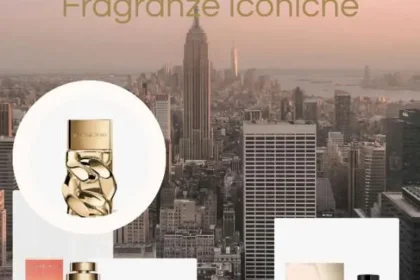Profumi donna Michael Kors (Sexy Amber, Wonderlust, Gorgeous! e Absolu in una moodboard con sfondo panoramico di New York al tramonto