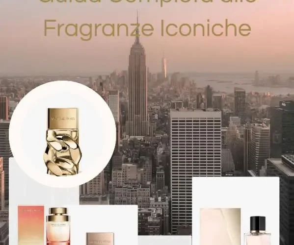 Profumi donna Michael Kors (Sexy Amber, Wonderlust, Gorgeous! e Absolu in una moodboard con sfondo panoramico di New York al tramonto