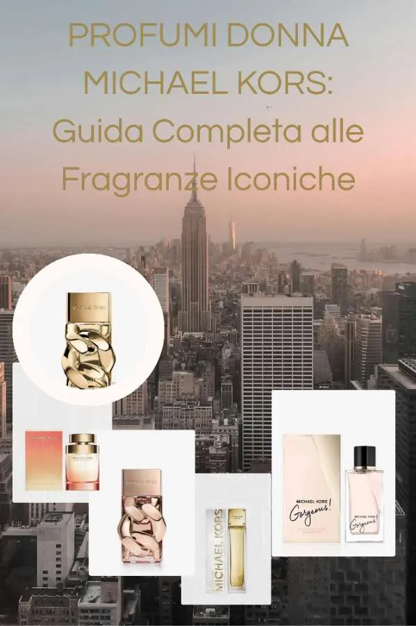 Profumi donna Michael Kors (Sexy Amber, Wonderlust, Gorgeous! e Absolu in una moodboard con sfondo panoramico di New York al tramonto