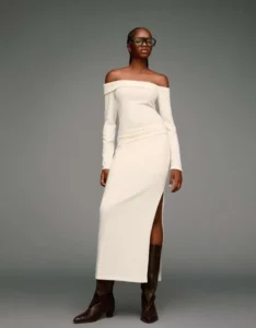 Gonna midi in maglia colore avorio con spacco laterale Bershka