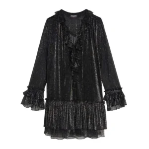 Abito mini con volant in chiffon laminato di colore nero Zadig&Voltaire