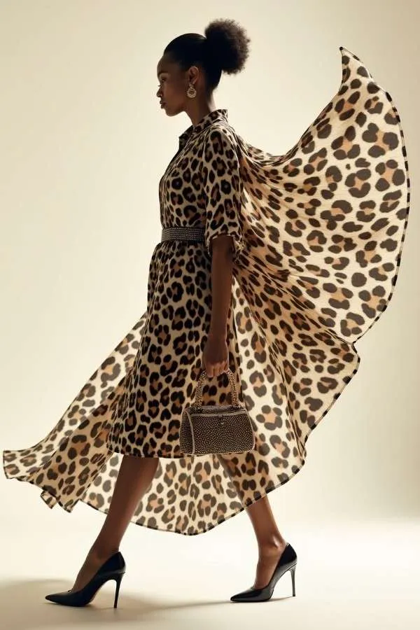 Modella indossa ampio abito con stampa animalier leopardata e scarpe con tacco alto a stiletto