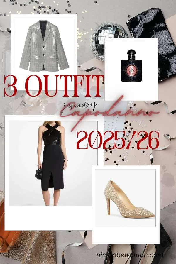 Moodboard con outfit e accessori per Capodanno 2025/26 brands Michael Kors, H&M e Zadig&Voltaire