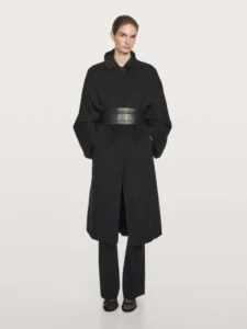 Cappotto nero lungo con maniche a pipistrello in misto lana Massimo Dutti