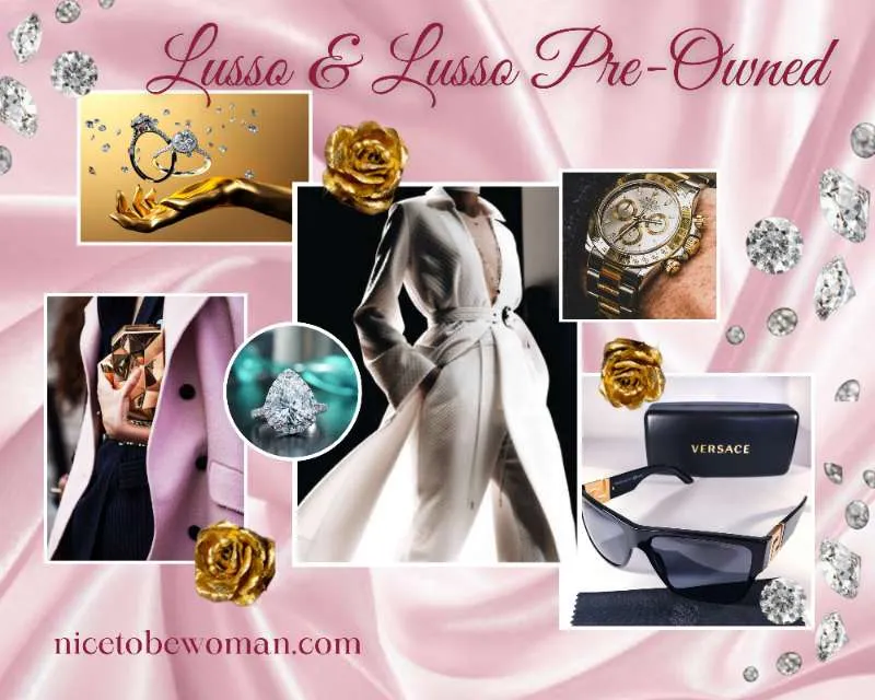 Collage elegante per la categoria Lusso e Lusso Pre-Owned con sfondo in seta rosa, modella in abito bianco, orologio Rolex, occhiali Versace e diamanti preziosi.