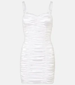 Abito corto arricciato in raso di colore bianco con bretelline Dolce & Gabbana su MyTheresa