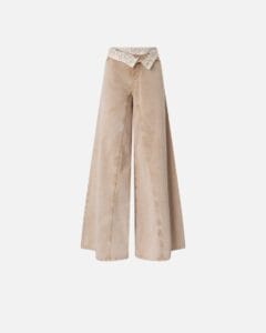 Jeans wide leg in denim di cotone marrone chiaro con inserto in pizzo color crema in vita Pinko