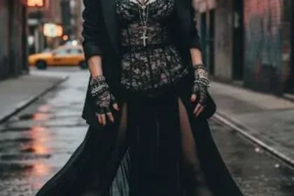 Madonna in stile anni 80 con bustier di pizzo nero blazer e collane con croci ispirazione Dolce & Gabbana