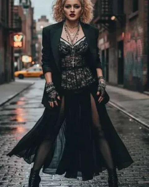 Madonna in stile anni 80 con bustier di pizzo nero blazer e collane con croci ispirazione Dolce & Gabbana