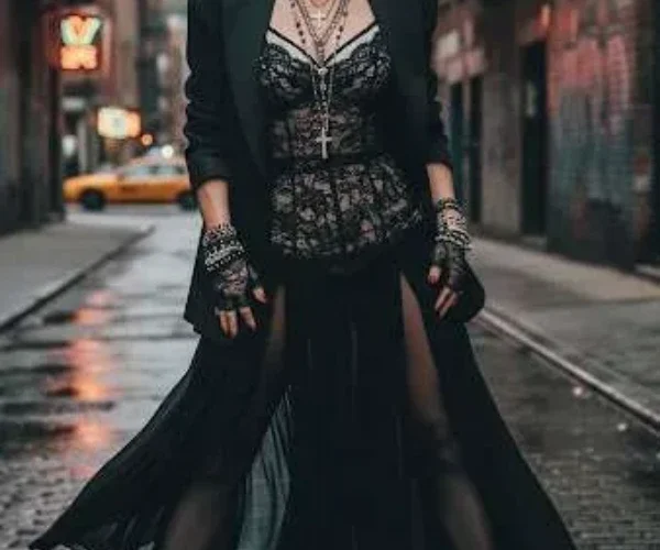 Madonna in stile anni 80 con bustier di pizzo nero blazer e collane con croci ispirazione Dolce & Gabbana