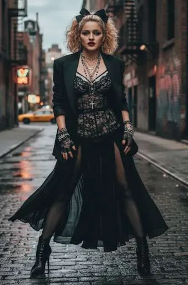 Madonna in stile anni 80 con bustier di pizzo nero blazer e collane con croci ispirazione Dolce & Gabbana