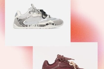 Sneakers Pinko Yulia bordeaux e bianco/argento con stampa pitone, per donna, con doppi lacci e dettagli gioiello