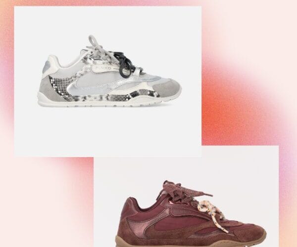 Sneakers Pinko Yulia bordeaux e bianco/argento con stampa pitone, per donna, con doppi lacci e dettagli gioiello