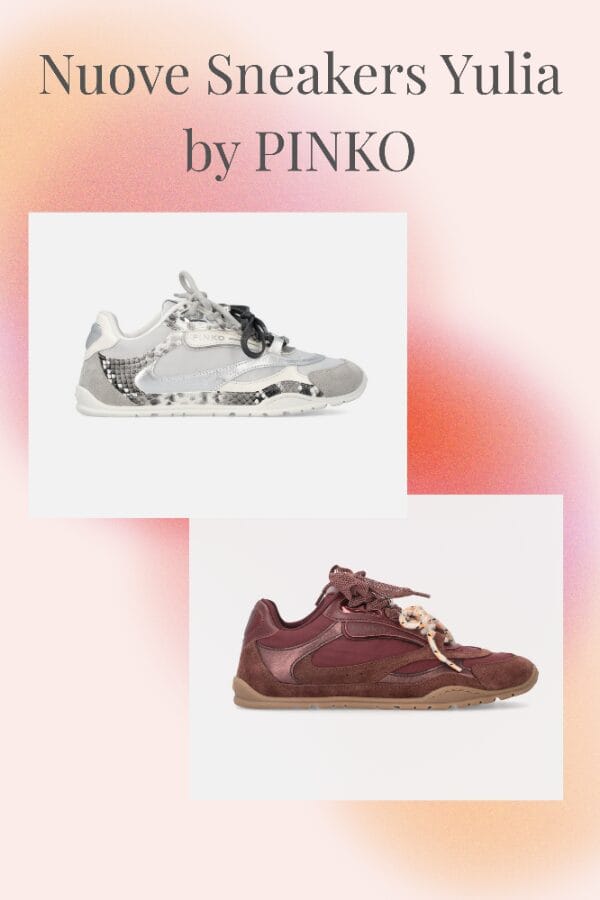 Sneakers Pinko Yulia bordeaux e bianco/argento con stampa pitone, per donna, con doppi lacci e dettagli gioiello