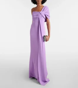 Abito lungo Elie Saab lilla monospalla drappeggiato in cady di seta per la selezione Luxury Edit di Nice to be Woman