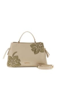 Borsa a mano in materiale effetto pelle di colore beige con applicazioni floreali color caki e tracolla CafèNoir