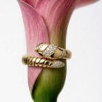 Primo piano di un anello Bulgari Serpenti in oro giallo e diamanti avvolto attorno a una calla rosa, simbolo di lusso ed eleganza senza tempo.