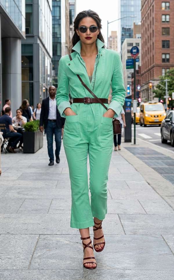 Donna indossa una tuta jumpsuit verde menta con pantaloni capri svasati, abbinata ad accessori bordeaux e sandali alla schiava in un contesto metropolitano.