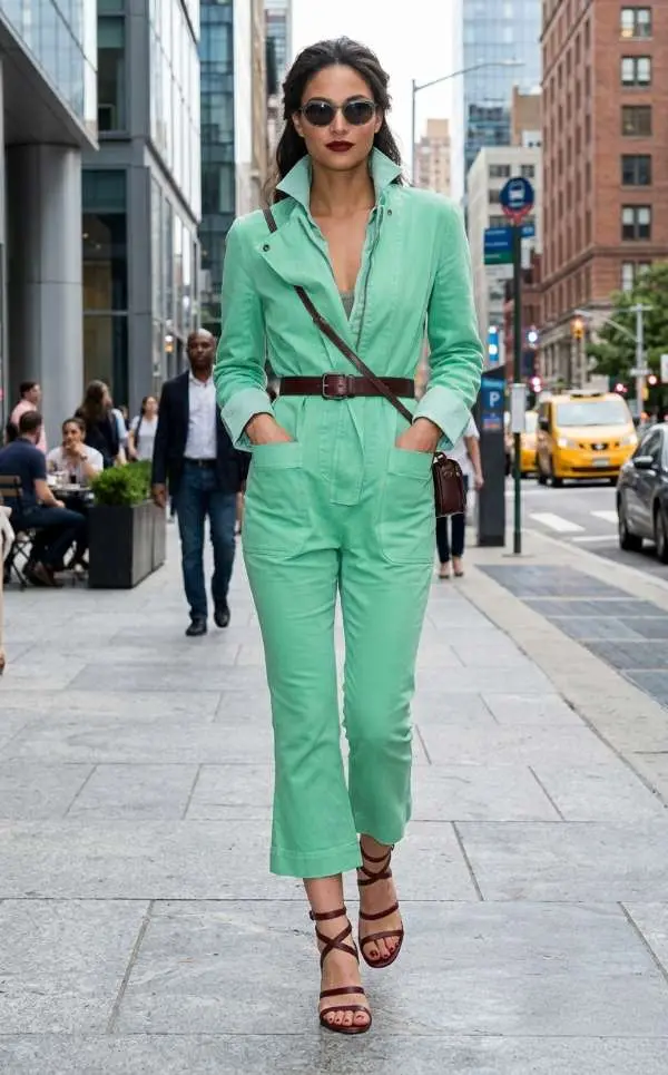 Donna indossa una tuta jumpsuit verde menta con pantaloni capri svasati, abbinata ad accessori bordeaux e sandali alla schiava in un contesto metropolitano.