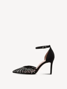 Décolleté di colore nero con cinturino alla caviglia, tacco 9 cm e strass argento Tamaris