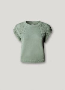 Gilet in maglia misto cotone verde con dettagli traforati e frange decorative sulle maniche Pepe Jeans