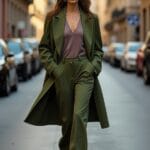 ​Donna che indossa un outfit monocromatico verde oliva con cappotto lungo e pantaloni sartoriali in un contesto urbano.