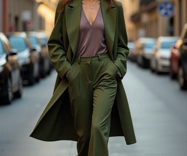 ​Donna che indossa un outfit monocromatico verde oliva con cappotto lungo e pantaloni sartoriali in un contesto urbano.