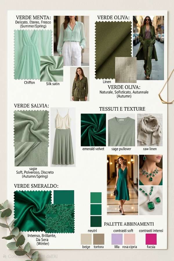 Moodboard professionale di moda con campioni di tessuto in verde menta, oliva, salvia e smeraldo, inclusi esempi di abbinamenti cromatici e texture come chiffon e velluto.