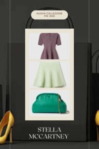 McCartney Summer 2026: top malva, gonna a ruota verde menta e borsa Falabella verde smeraldo.