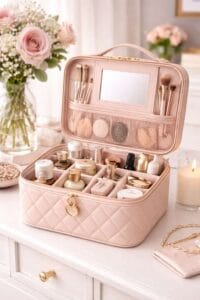 Beauty-case elegante da viaggio, di colore rosa, con prodotti di bellezza. Idea regalo per la Festa della mamma per Nice to be Woman.