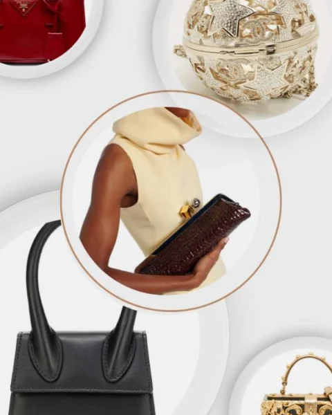 Borse da salone di lusso: Prada Galleria mini rossa, Chanel sfera dorata, Jacquemus Chiquito nera, Dolce & Gabbana box barocca con orologio. Selezione di Nice to be Woman.
